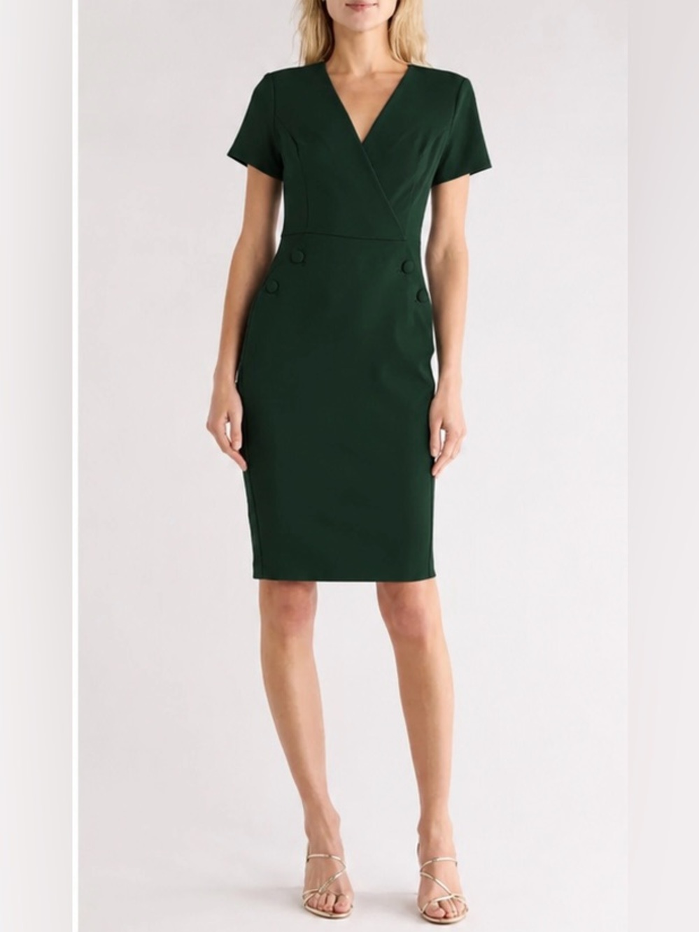 Calvin Klein V-neck Button detail Stretch Sheath Dress, Dark Green, 6